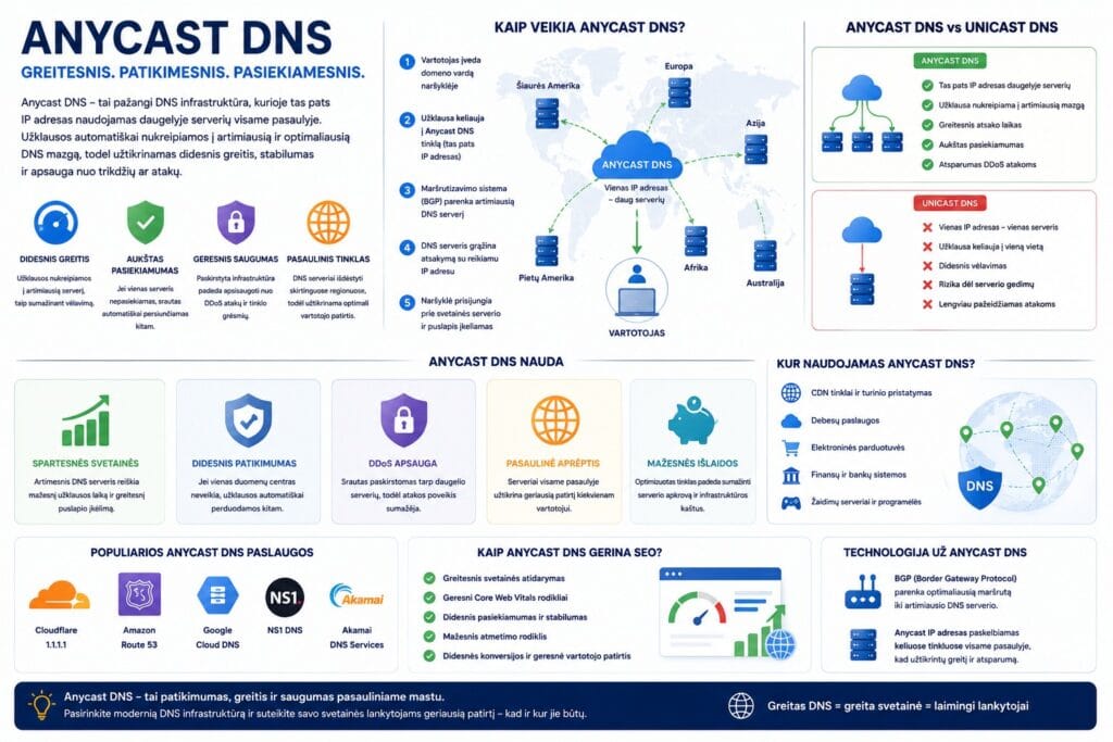Infografija apie Anycast DNS technologiją